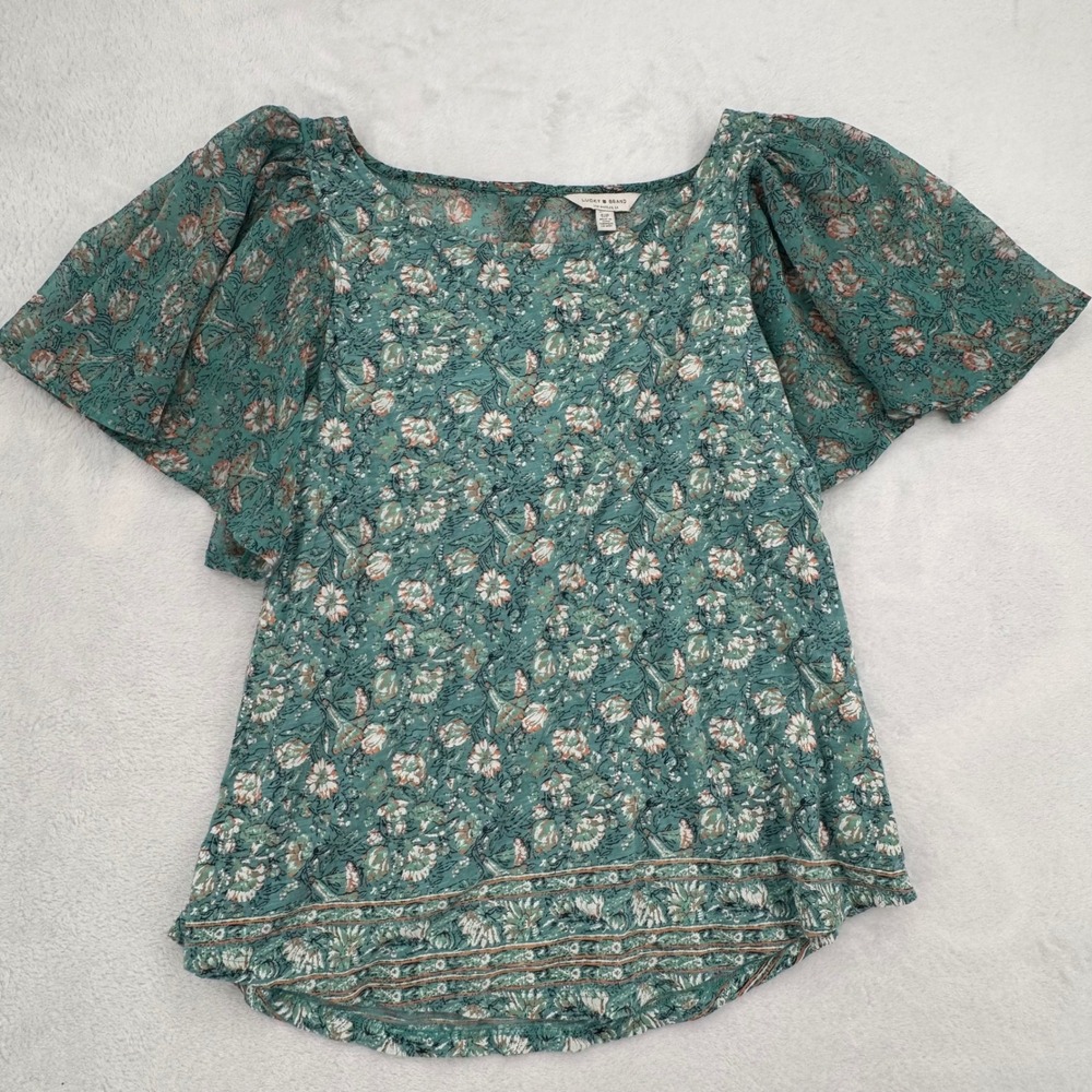 Lucky Brand Teal Green Floral Flutter Sleeve Top Sz Small Open Back Boho Blouse